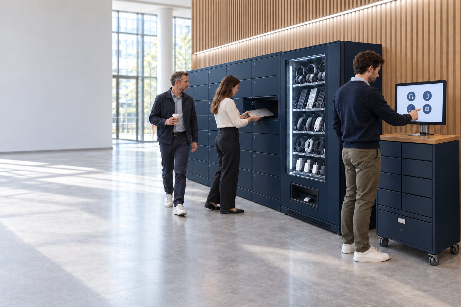 Employees using Velocity smart lockers, a smart vending machine and a smart kiosk on a bright office ground floor