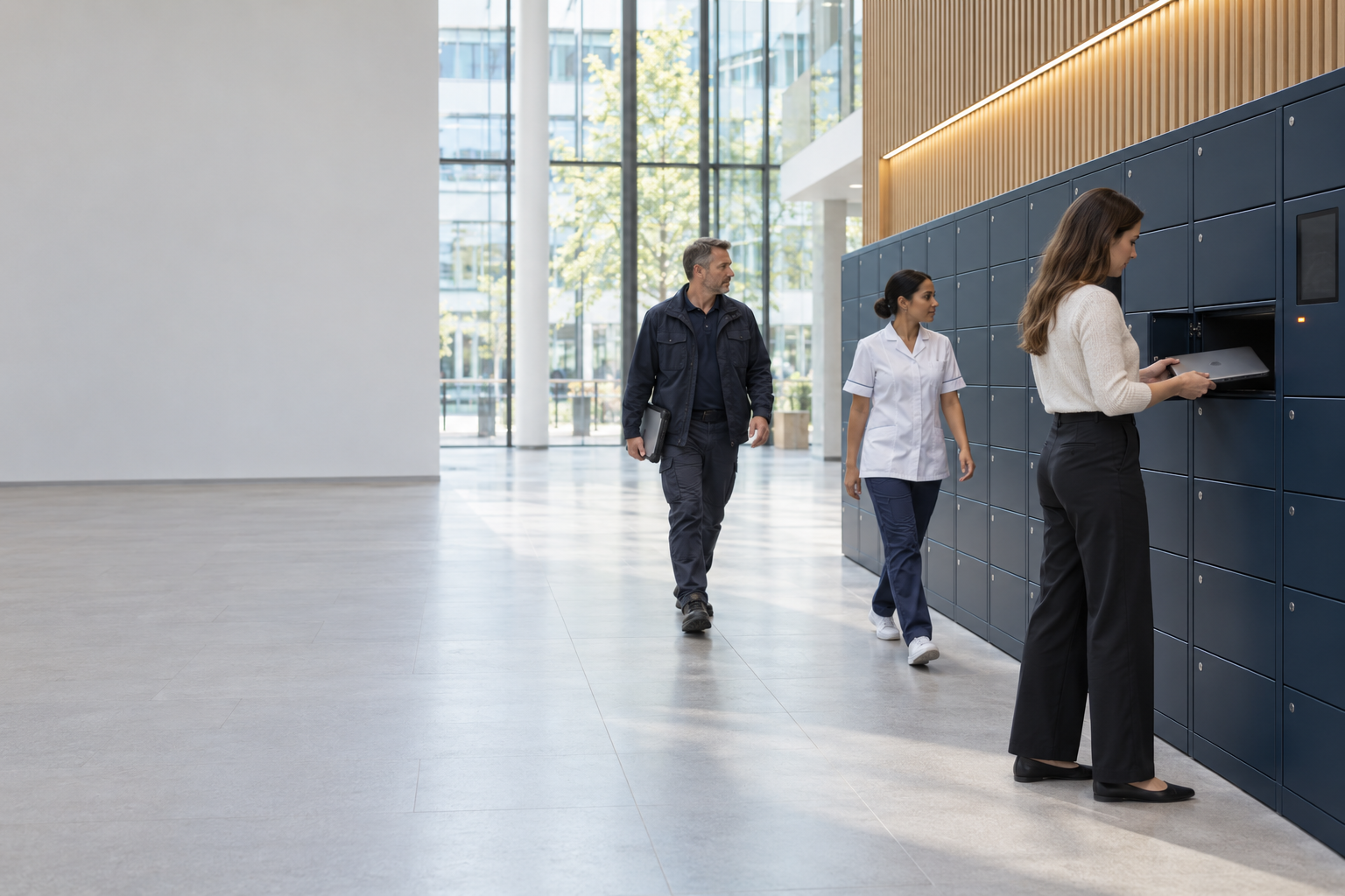 Office, clinical and field staff using a long bank of Velocity smart lockers in a bright corporate atrium