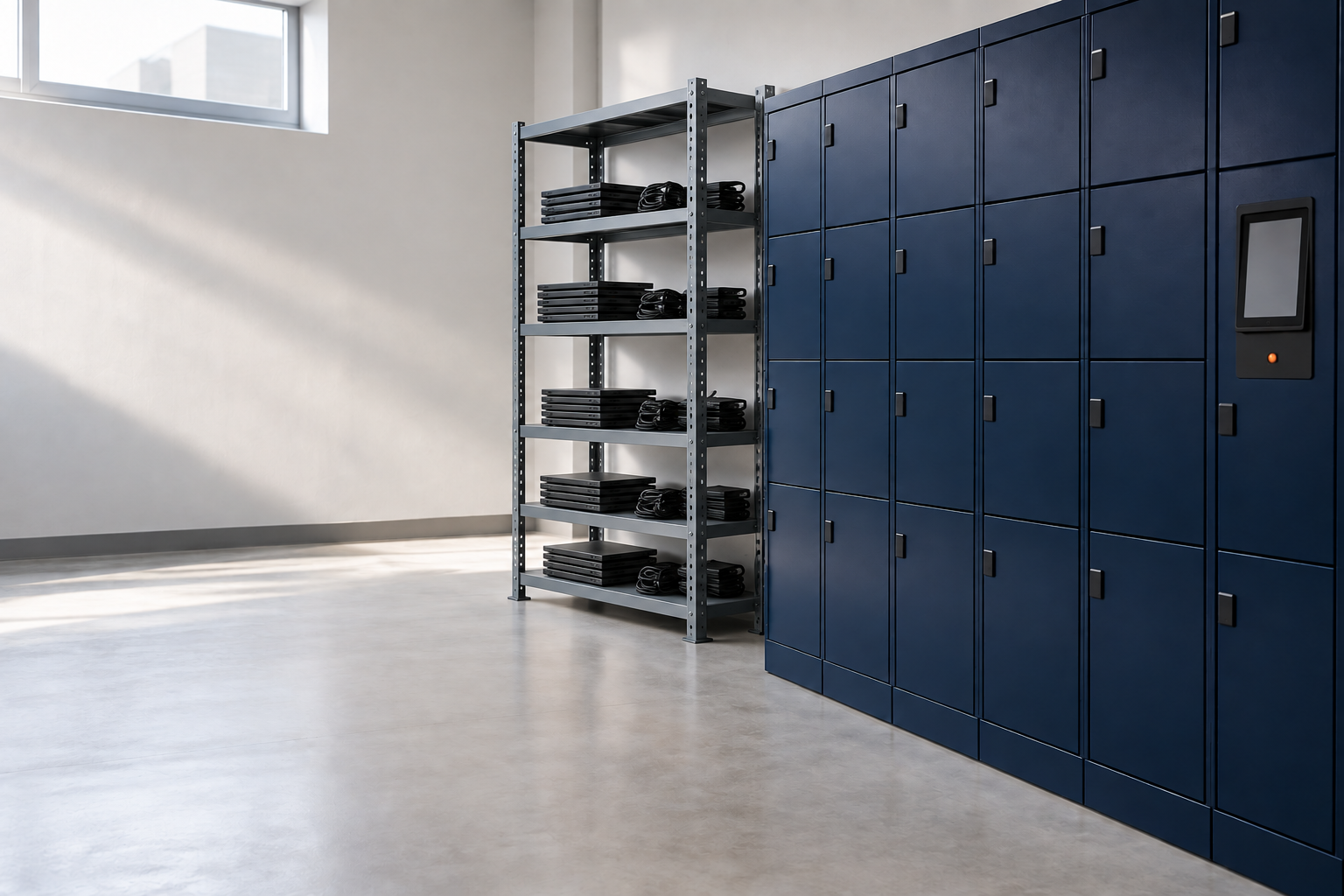 A bank of navy Velocity smart lockers with a touchscreen control panel beside shelving of staged laptops in a bright IT room