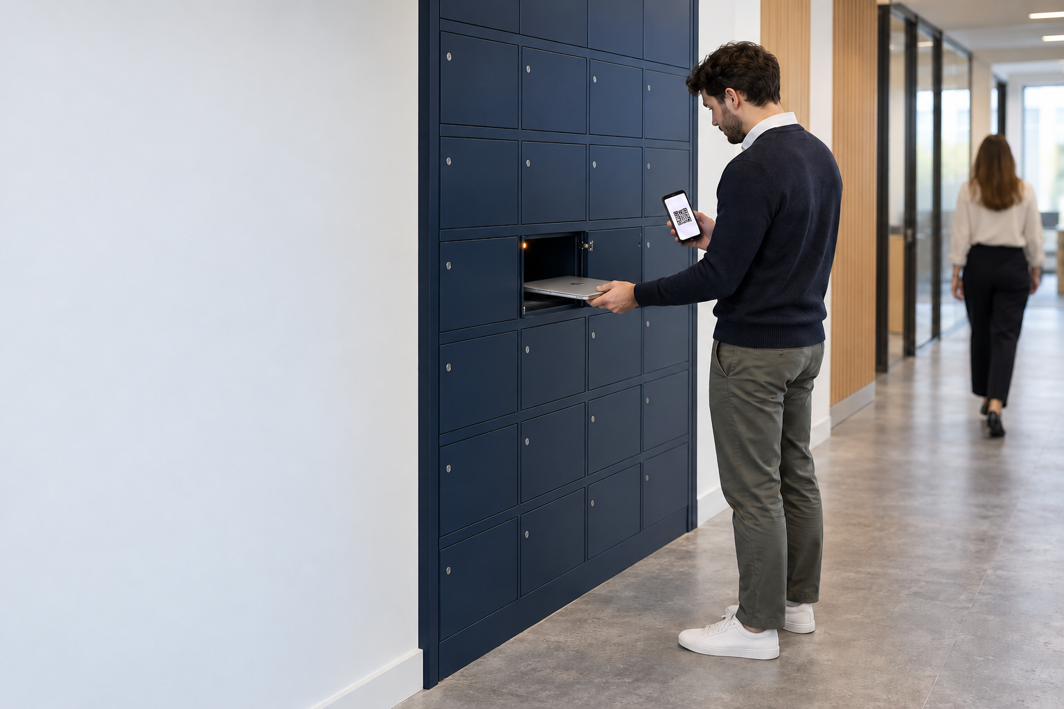 An employee collecting a laptop from a single open Velocity laptop locker compartment using a QR code on his phone in an office corridor