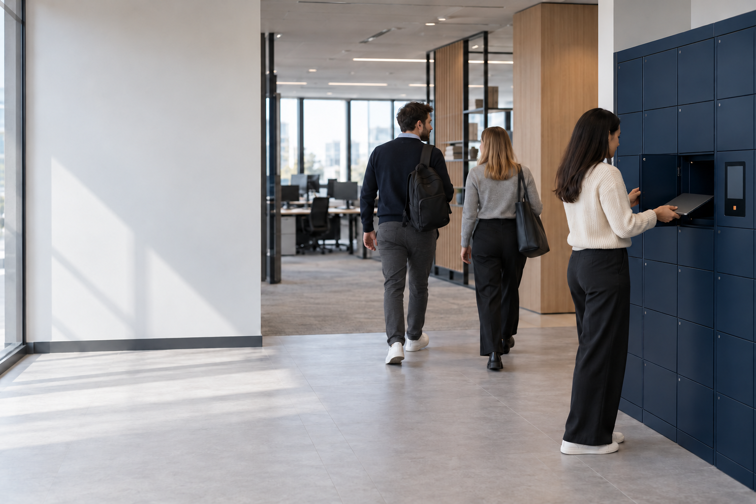 New starters arriving on their first morning while one collects her laptop from a Velocity smart locker in the lobby