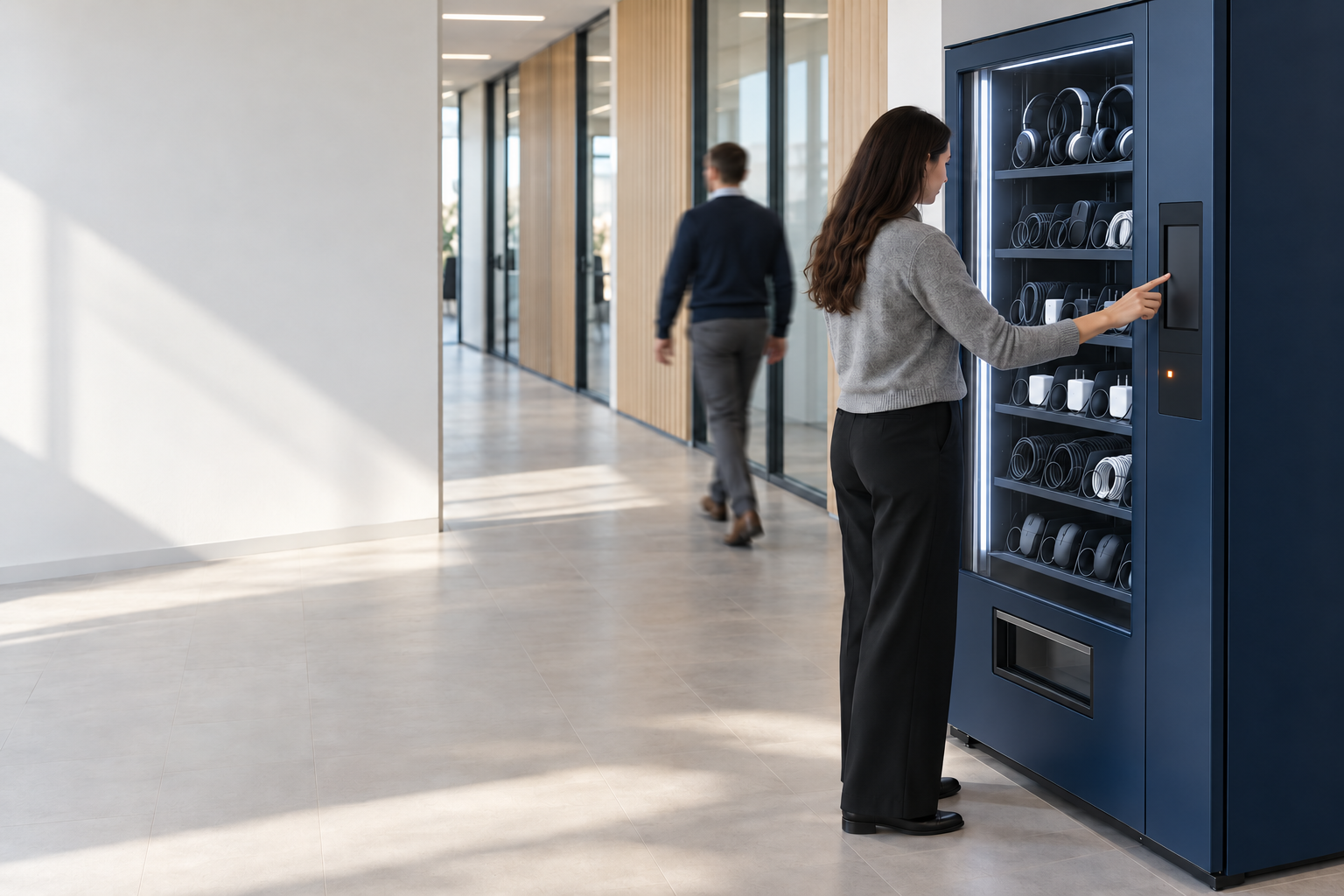 An employee selecting a headset at a glass-fronted Velocity smart vending machine stocked with peripherals in an office corridor