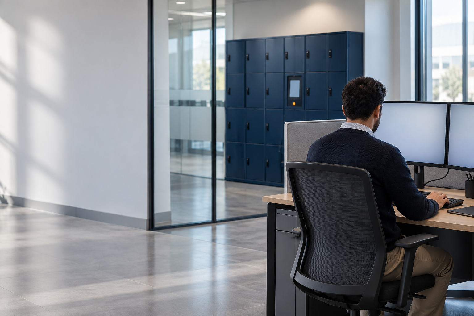 A service desk analyst at a dual-monitor desk with a bank of Velocity smart lockers visible through the glass partition behind
