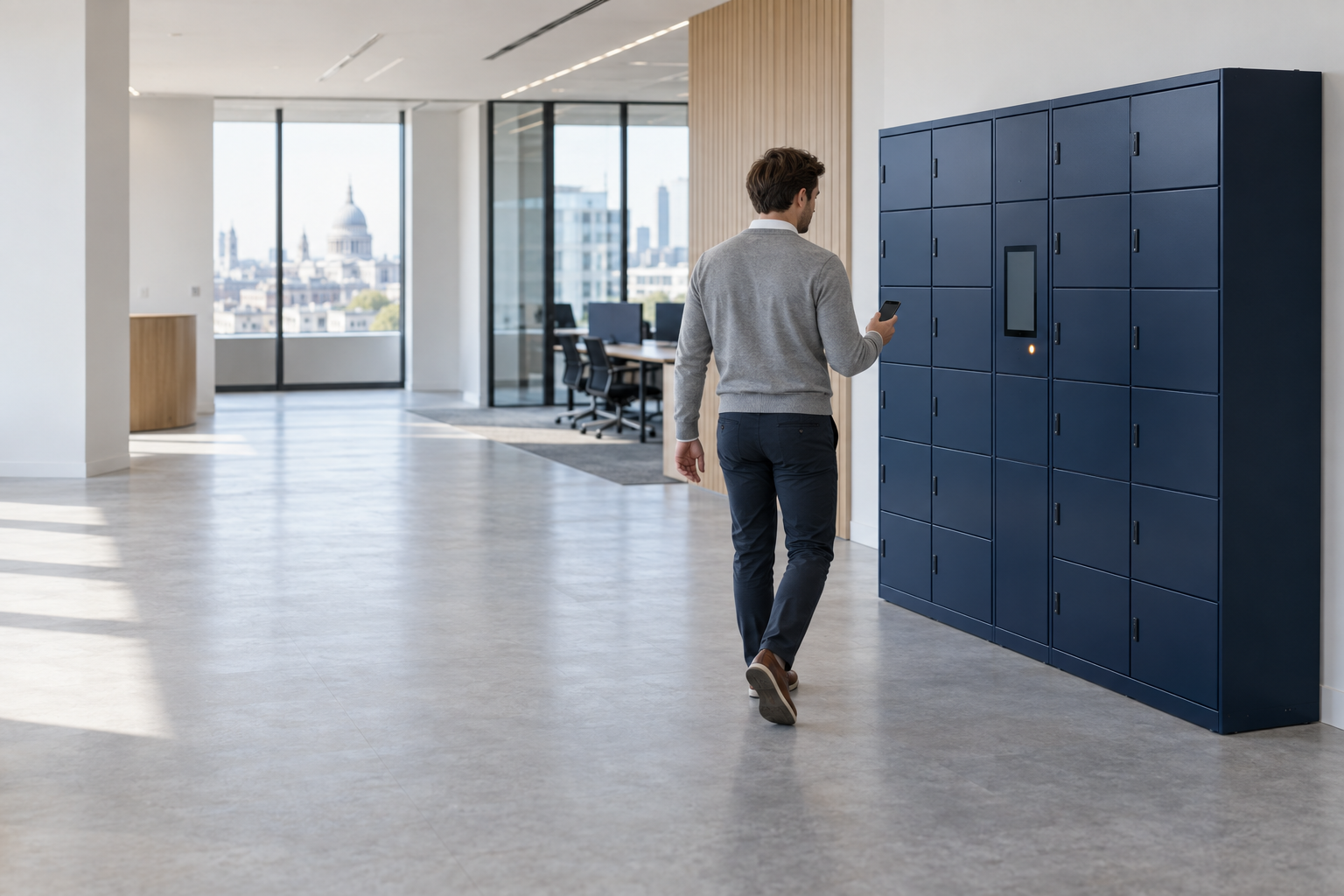 An employee walking across a bright open-plan office towards a bank of navy Velocity smart lockers, phone in hand
