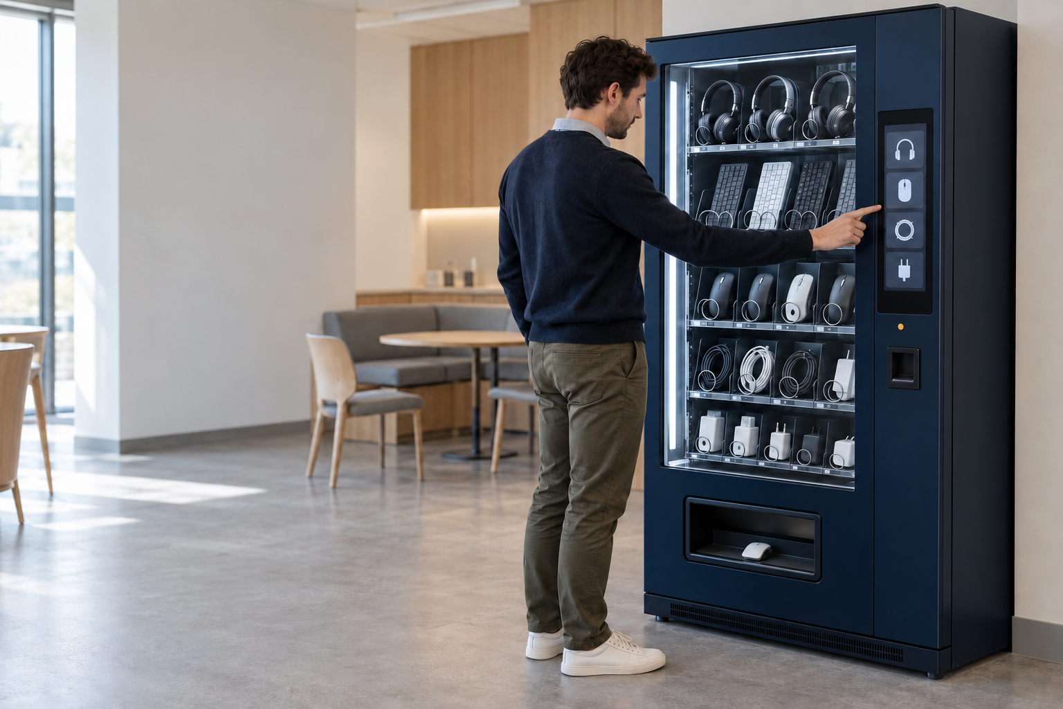 An employee selecting a headset from a glass-fronted Velocity smart vending machine in an office breakout area