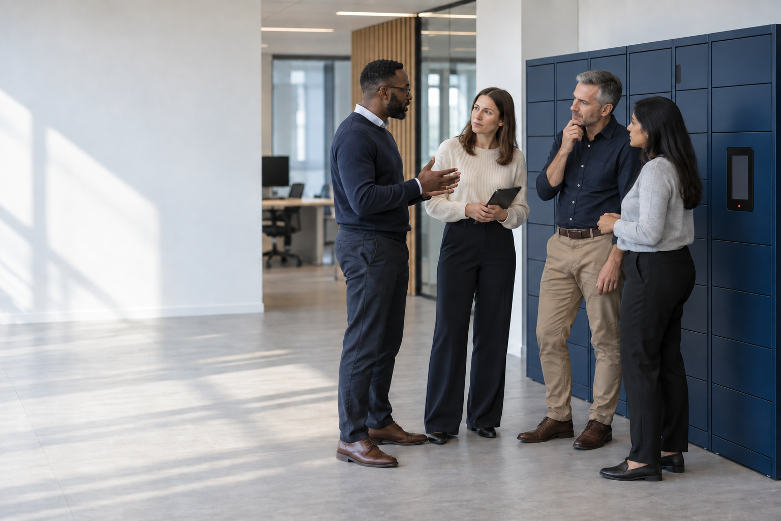 Four colleagues in a working huddle beside a bank of Velocity smart lockers in a bright office