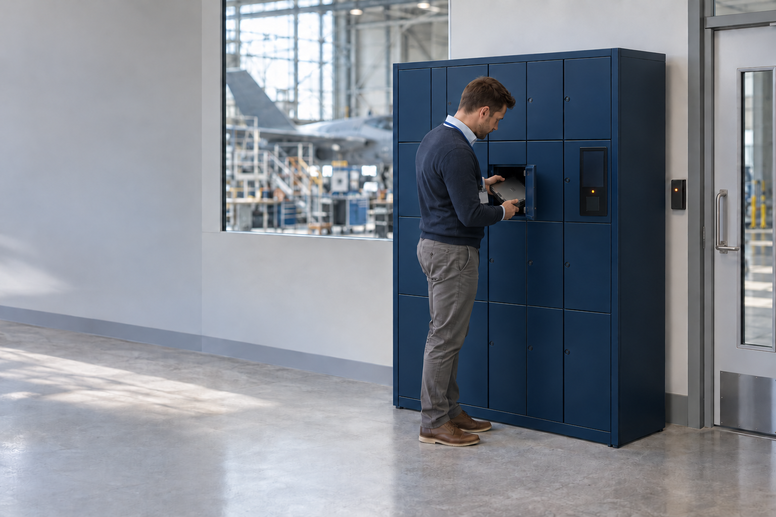 An engineer collecting a rugged laptop from a Velocity smart locker in a secure aerospace engineering building, with a hangar visible through the window