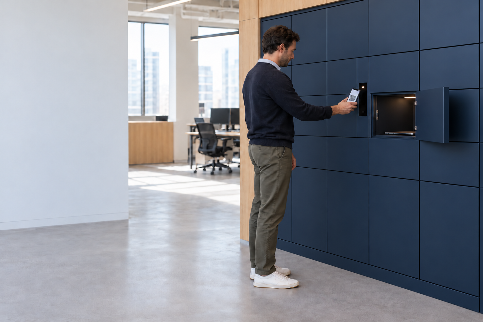 An employee scanning a QR code on his phone at a Velocity smart locker panel as a single compartment opens in a bright open-plan office