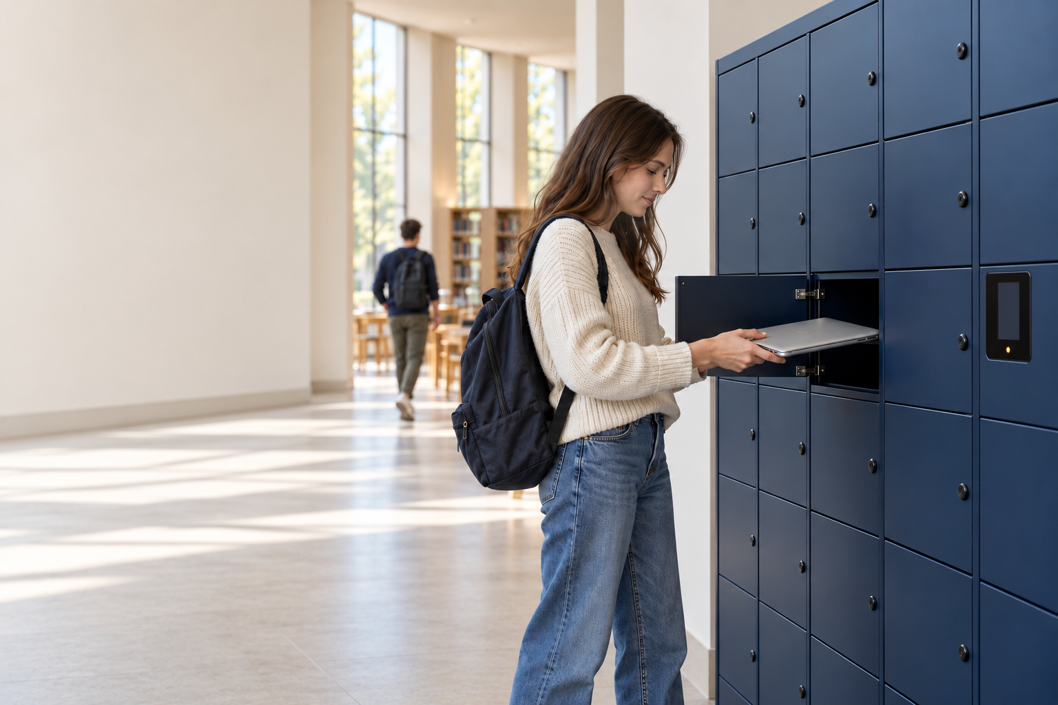 A student collecting a laptop from a Velocity smart locker in a bright university library