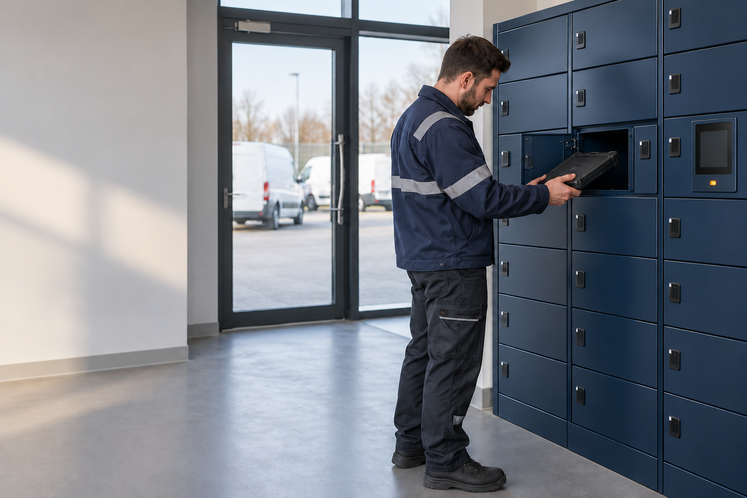 A field engineer collecting a rugged tablet from a Velocity smart locker at a utilities depot, with service vans outside