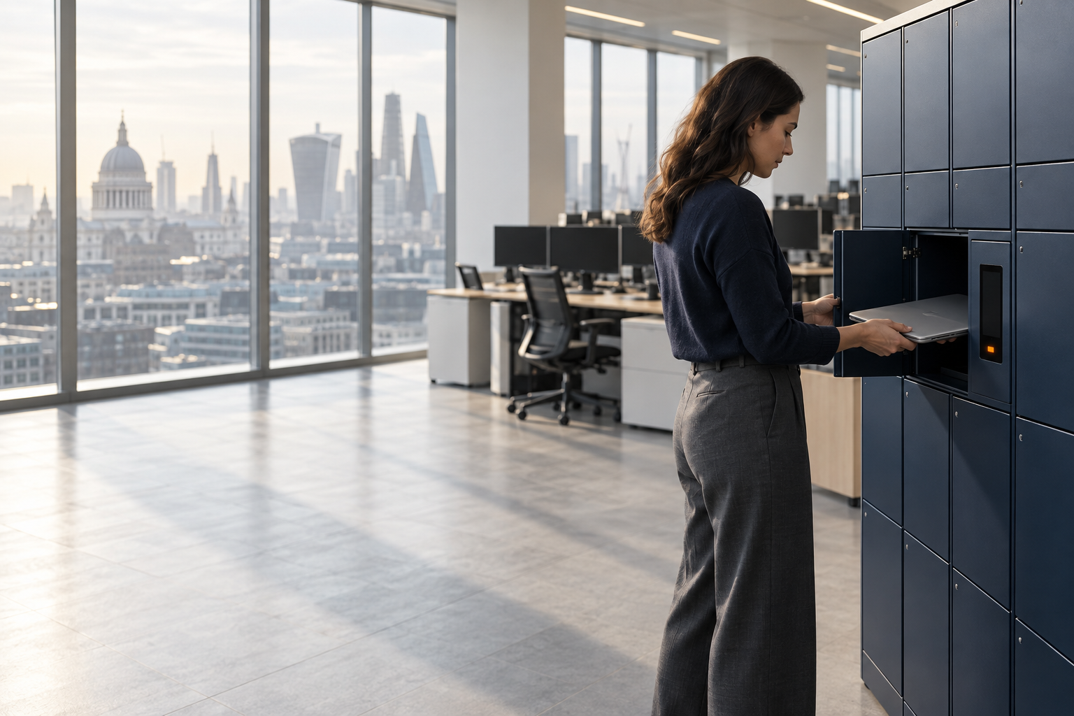 An employee collecting a laptop from a Velocity smart locker on a corporate office floor overlooking the City of London