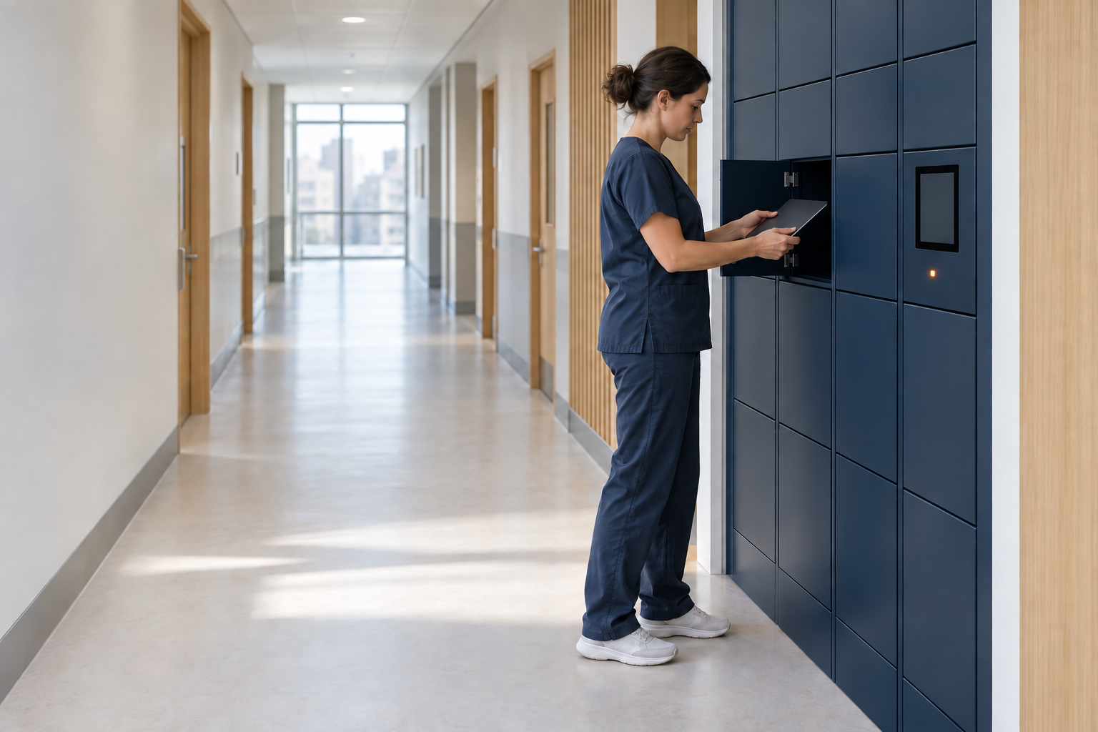 A clinician in scrubs collecting a tablet from a bank of navy Velocity smart lockers in a hospital corridor