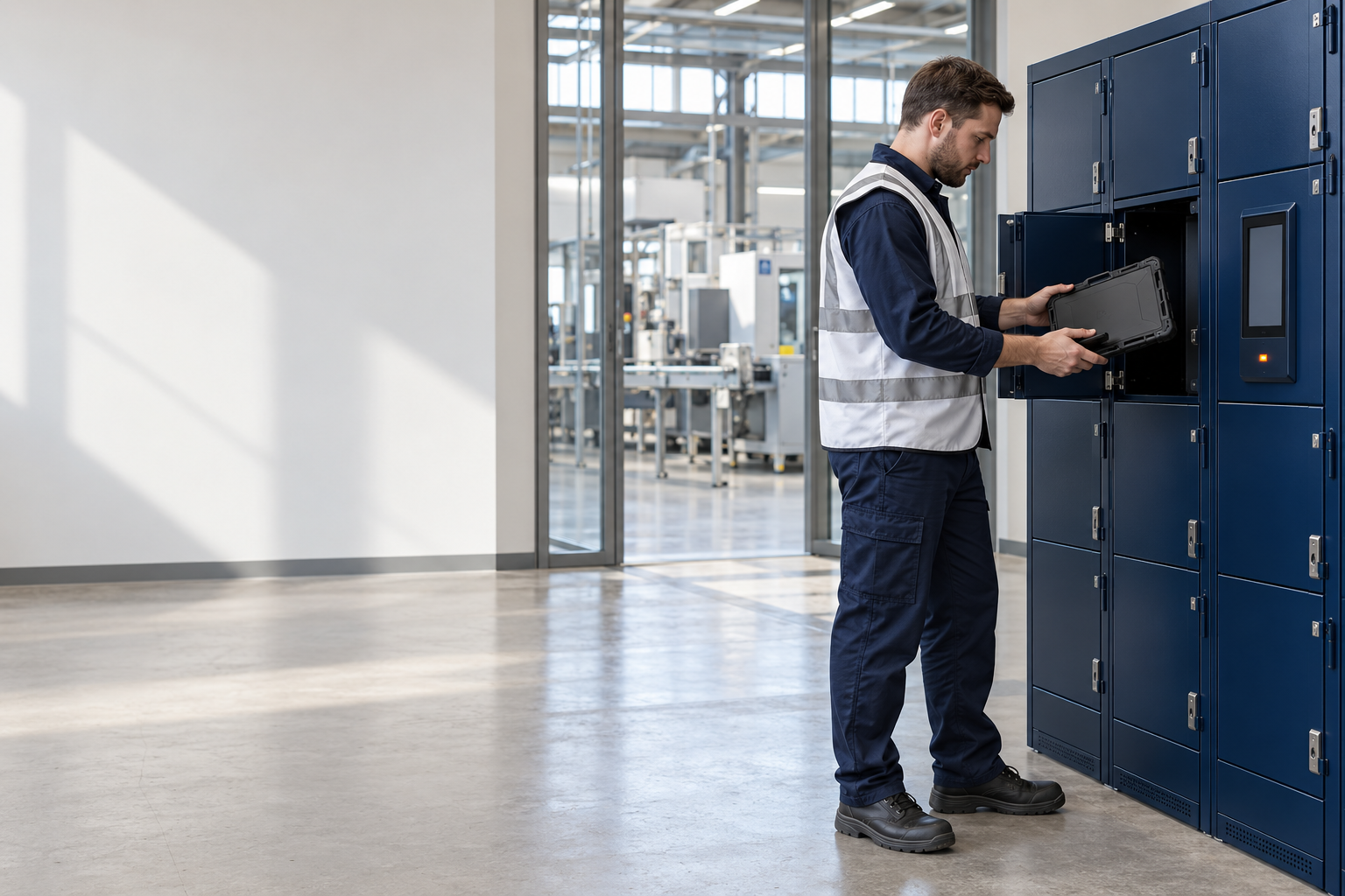 A worker in a hi-vis vest collecting a tablet from a Velocity smart locker between the factory floor and the offices