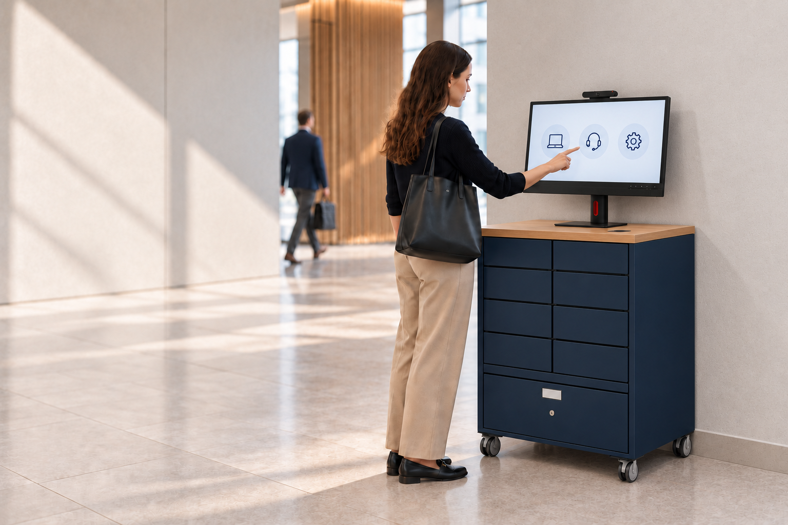 An employee choosing an IT support option on a Velocity Smart Kiosk touchscreen in a bright office lobby, with the kiosk's built-in collection compartments below