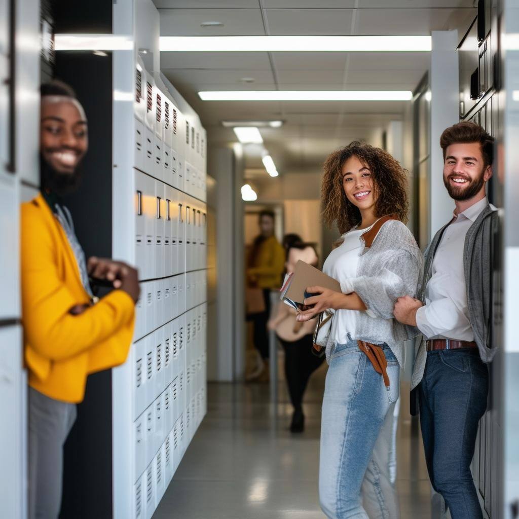 modern office with happy people using locker