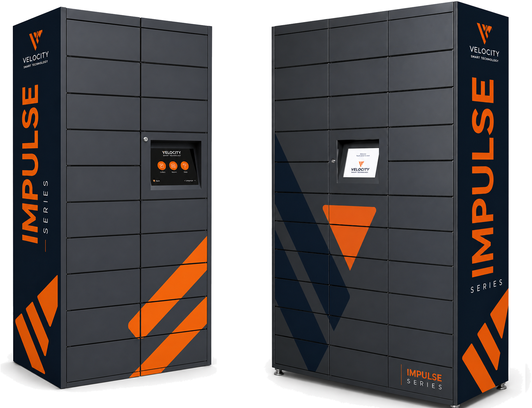 Velocity Impulse Series smart locker range — solid-door locker units with integrated touchscreen