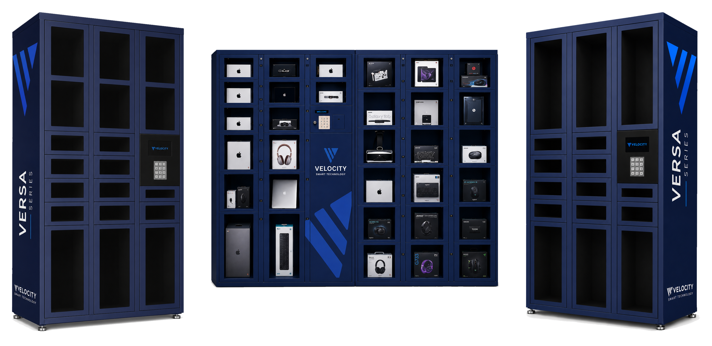 Velocity Versa Series smart locker range — windowed-door locker units with keypad and LCD access modules