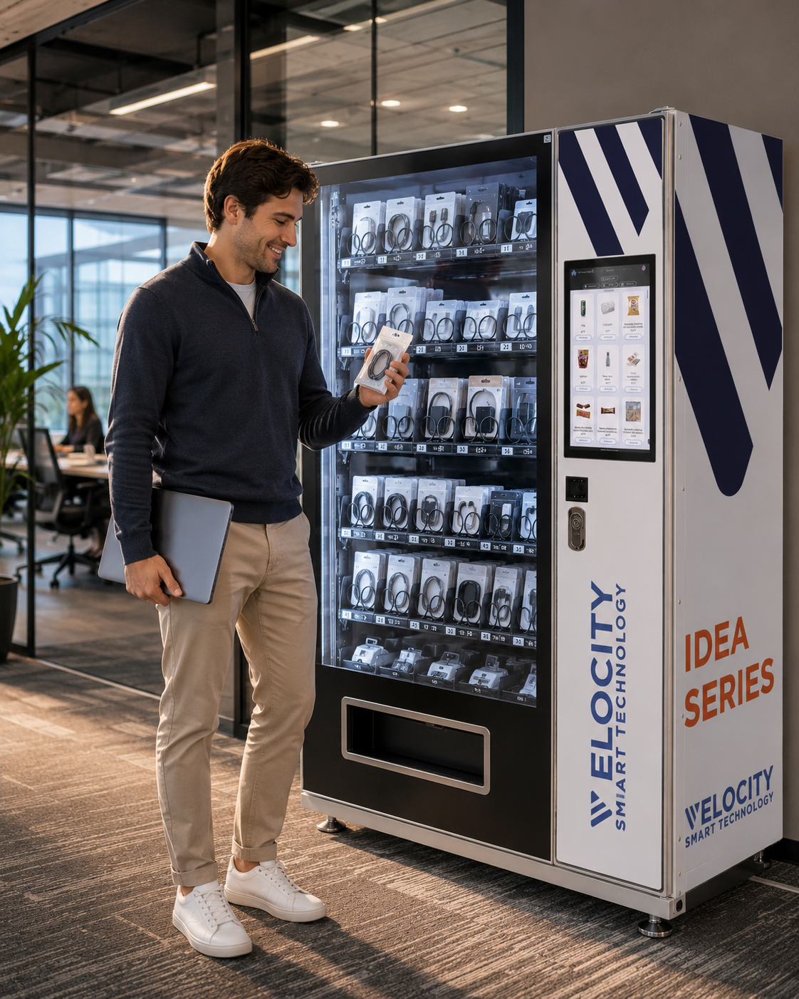 Employee collecting an IT peripheral from a Velocity IDEA Series Smart Vending Machine