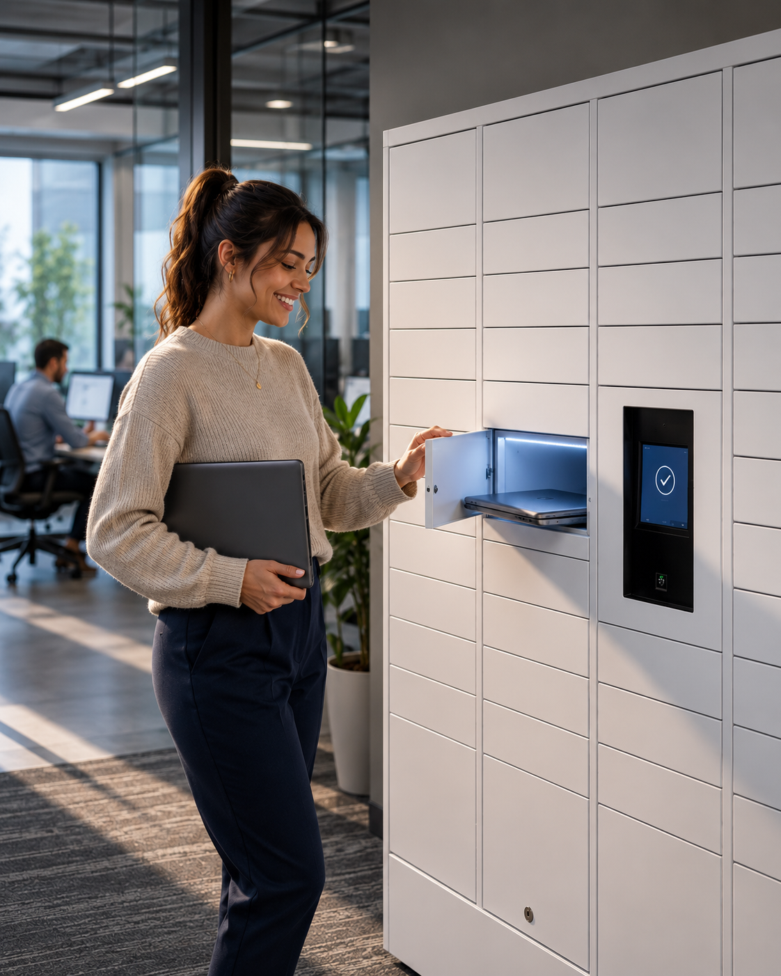 Female employee performing a break-fix laptop swap at a Velocity Smart Locker