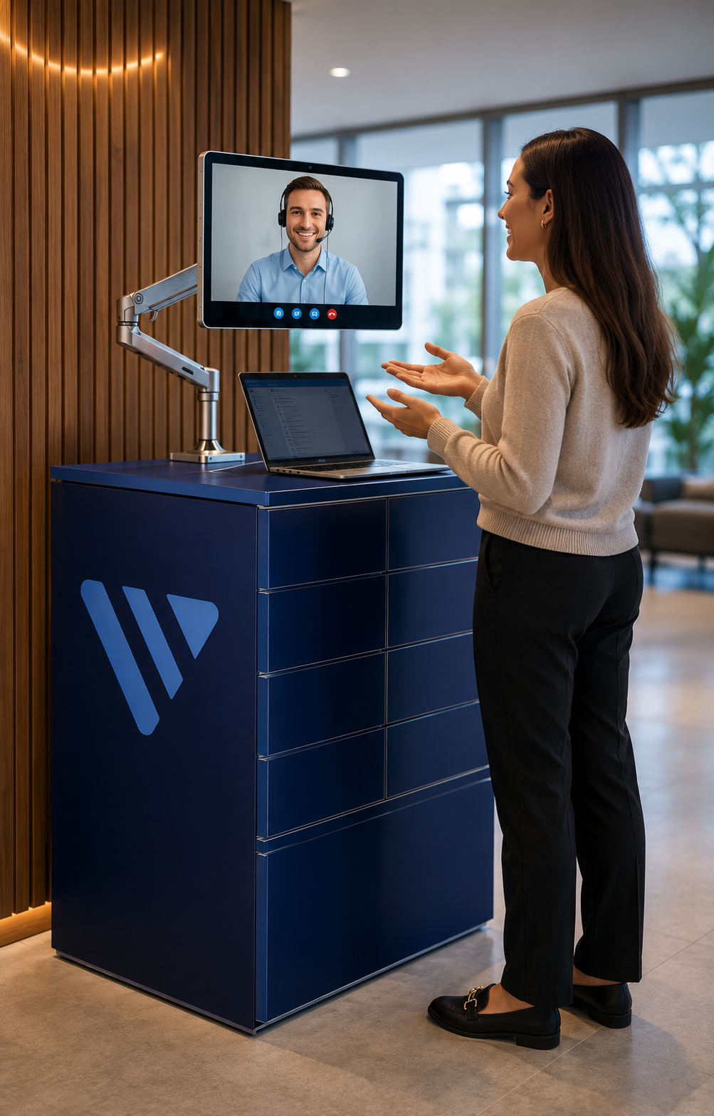 Female employee mid-conversation with a remote support agent on a Velocity Smart Kiosk's video display