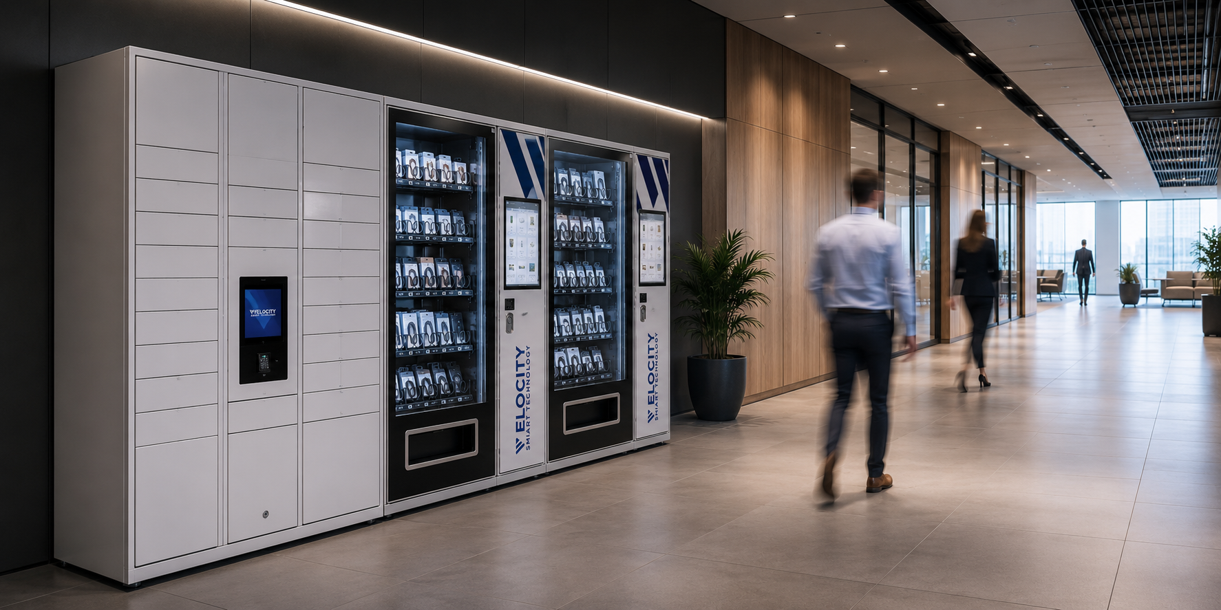 A bank of Velocity digital lockers lined along a workplace corridor, ready for self-service device collection